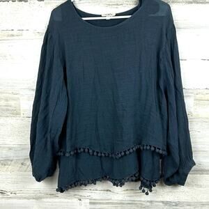 Umgee Women M Navy Blue Boho Layered Long Sleeve Tassel Fringe Blouse